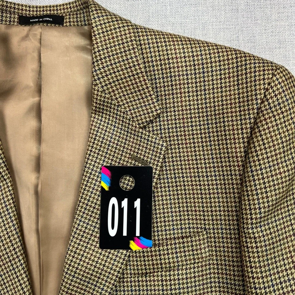 Vintage 90s CHAPS Houndstooth 100% Silk Blazer Sport Coat Men 42R Tan Prep Ivy‎